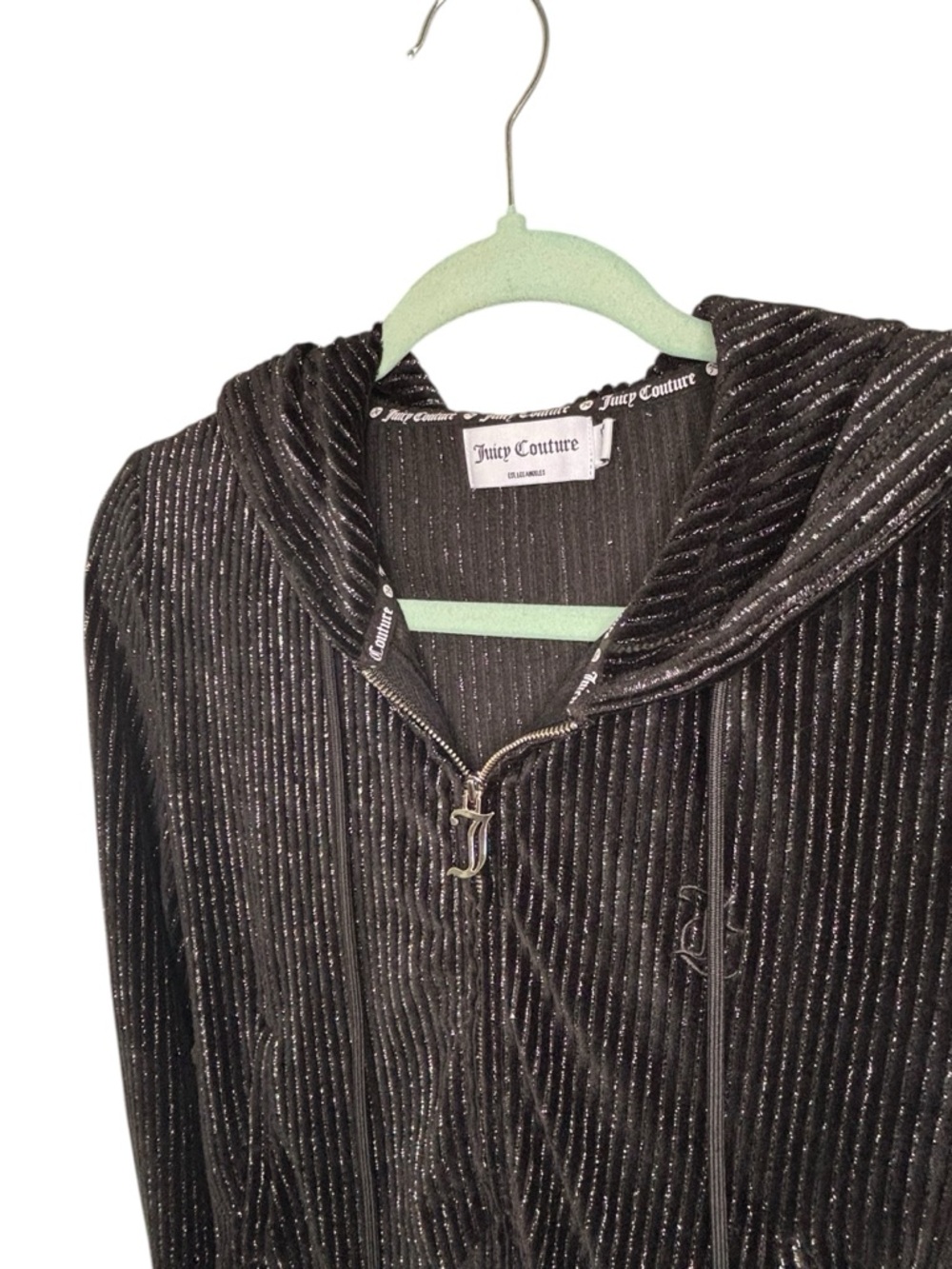Juicy Couture Black Metallic Ribbed Velour Zip Hoodie Cropped Size S Y2K - Picture 5 of 10